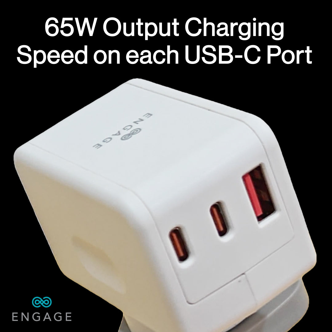 Engage 65W Dual USB-C + USB-A Power Adapter With 180 Degree Rotating Plug