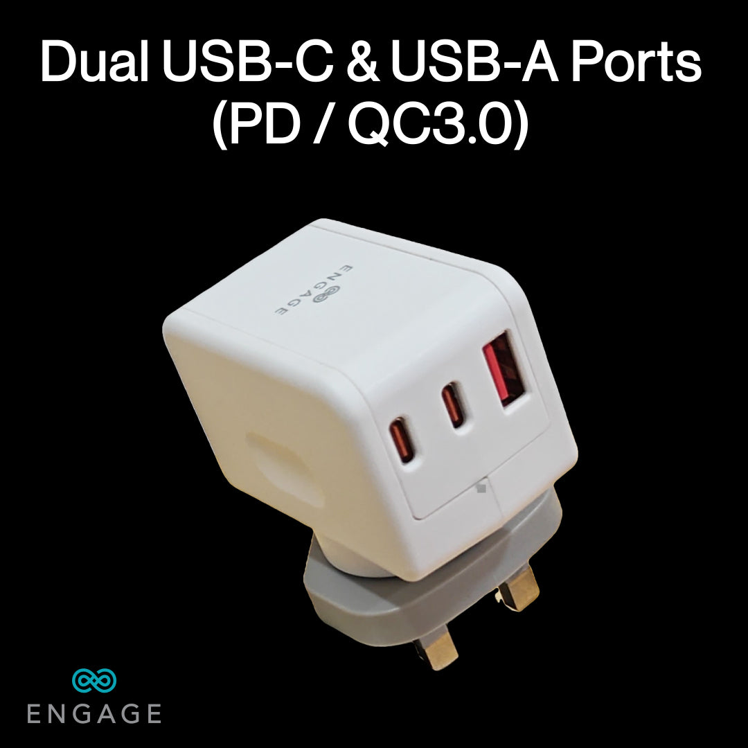 Engage 65W Dual USB-C + USB-A Power Adapter With 180 Degree Rotating Plug