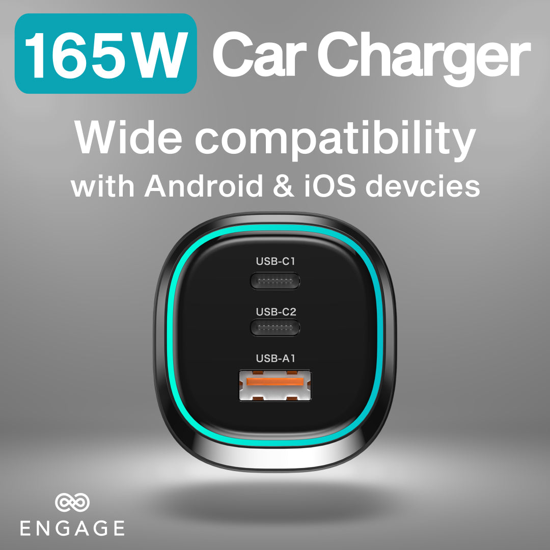 Engage 3 Port PD USB-C 165W Car Charger Black