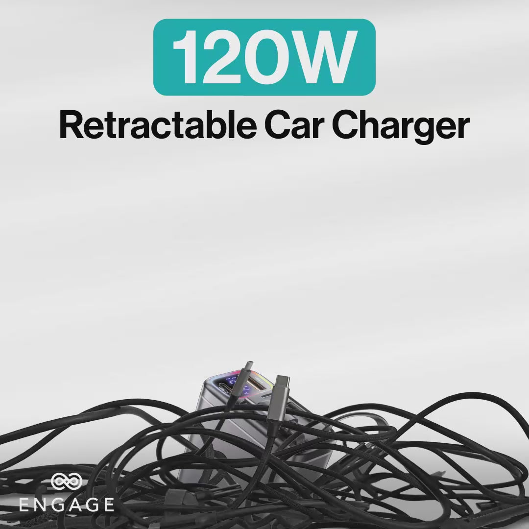 Engage 120W 4In1 Car Charger W/Retractable Cables (USB-C/Lightning) & USB Ports