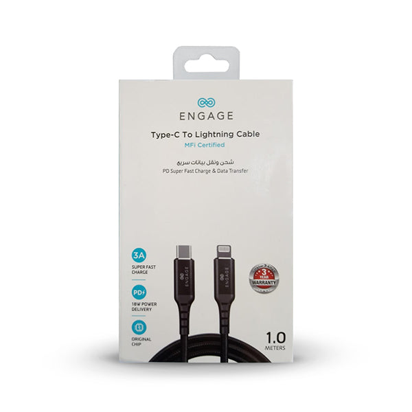 Engage PD 18W Fast Charging MFI certified Type-C to Lightning Cable 1 Meter - Black